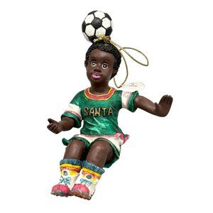 African American kid Soccer Player Figurine Christmas Ornament green 4.5" READ
